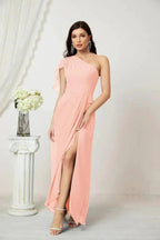 Numbersea  Chiffon Ruffled One Shoulder Long Bridesmaid Dresses A-line Formal Evening Gown Side Split 2809
