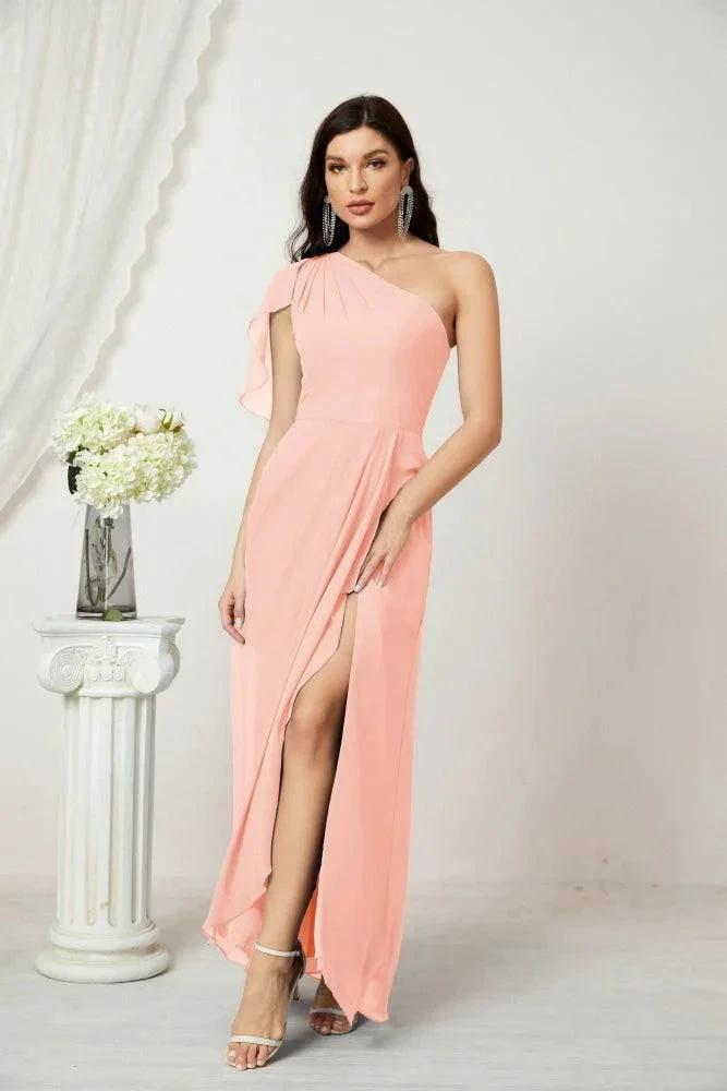Numbersea  Chiffon Ruffled One Shoulder Long Bridesmaid Dresses A-line Formal Evening Gown Side Split 2809