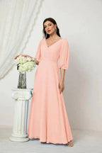 Numbersea  Formal Prom Gown Women V-Neck Chiffon Bridesmaid Dresses Long Bishop Sleeve Party Dress 2807