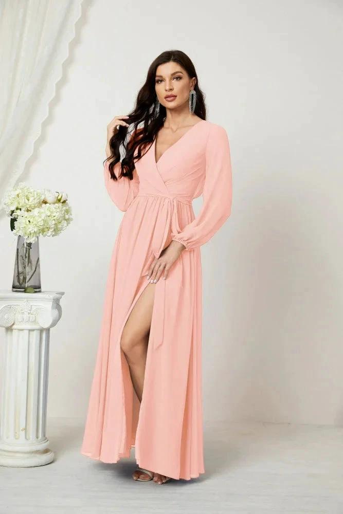 Sunnderly Evening Dresses Deep V-Neck Chiffon Bridesmaid Dresses Long Bishop Sleeve Side Split Formal Dress SY2806