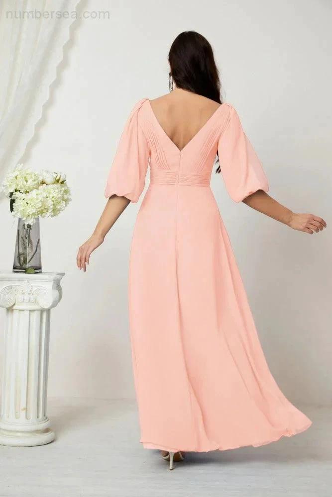 Numbersea  Formal Prom Gown Women V-Neck Chiffon Bridesmaid Dresses Long Bishop Sleeve Party Dress 2807