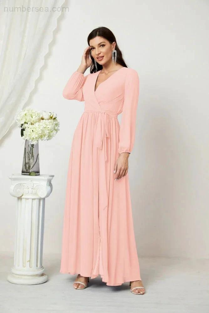 Sunnderly Evening Dresses Deep V-Neck Chiffon Bridesmaid Dresses Long Bishop Sleeve Side Split Formal Dress SY2806