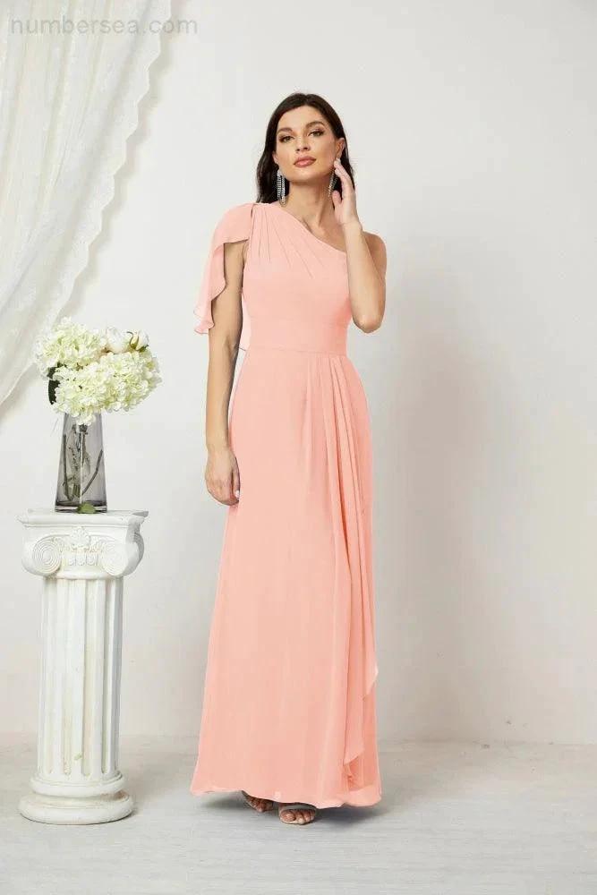 Numbersea  Chiffon Ruffled One Shoulder Long Bridesmaid Dresses A-line Formal Evening Gown Side Split 2809