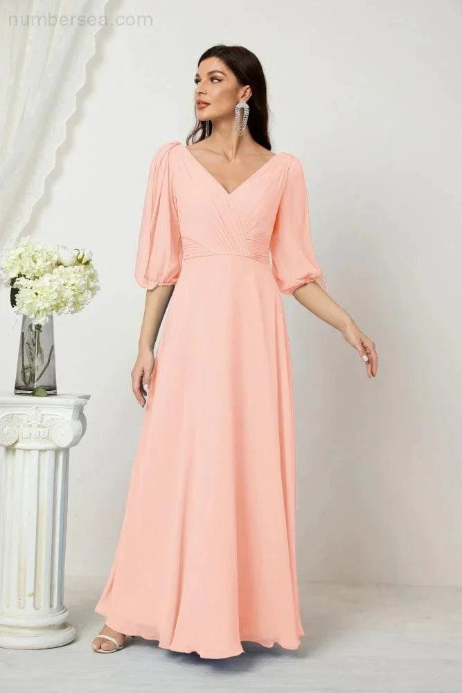 Numbersea  Formal Prom Gown Women V-Neck Chiffon Bridesmaid Dresses Long Bishop Sleeve Party Dress 2807