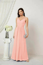 Numbersea Chiffon V-Neck Bridesmaid Dress Spaghetti Strap Long Formal Party Prom Gowns with Slit 28010