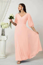 Numbersea  Formal Prom Gown Women V-Neck Chiffon Bridesmaid Dresses Long Bishop Sleeve Party Dress 2807