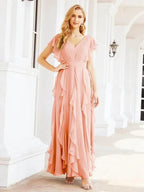 Ruffled Bridesmaid Dresses with Sleeves Long Formal Party Dress 28041