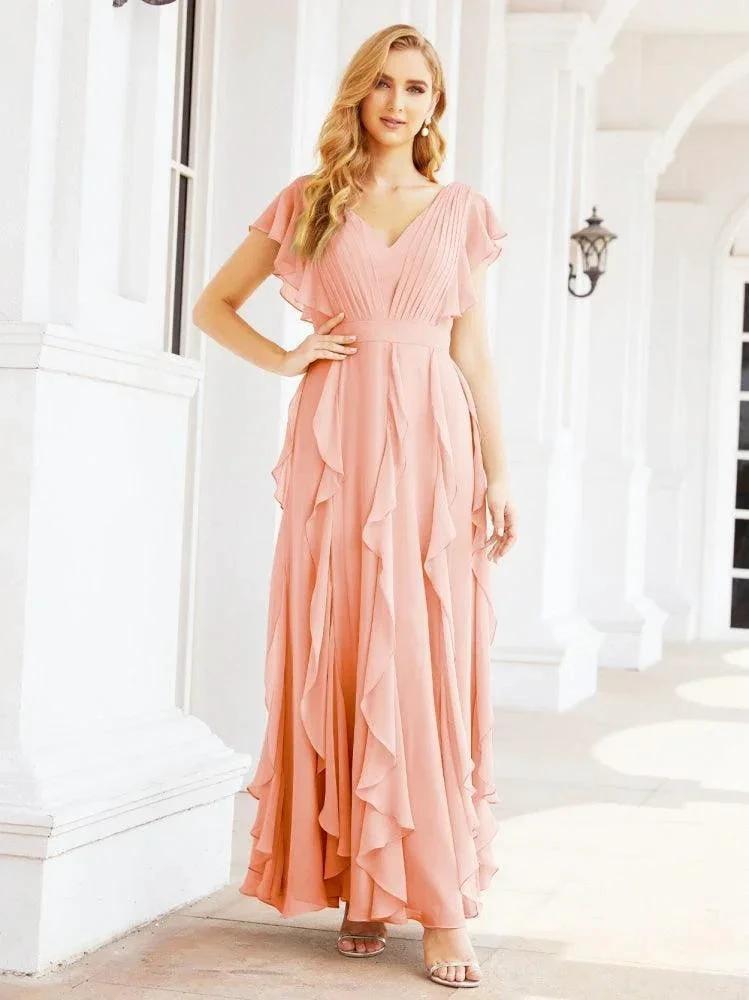 Ruffled Bridesmaid Dresses with Sleeves Long Formal Party Dress 28041