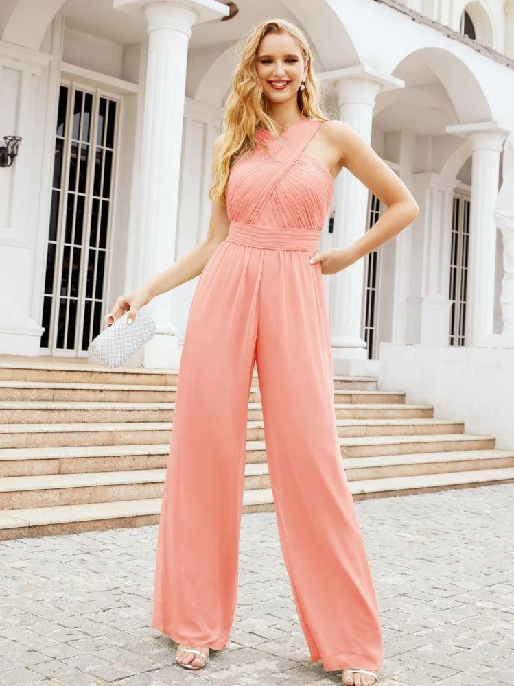 Numbersea Crisscross Neck Jumpsuit Formal Evening Dress Long Bridesmaid Dresses Bell-bottomed Pants 28033