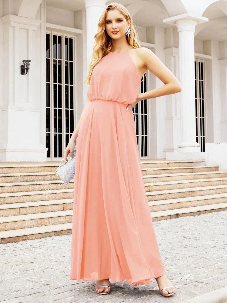 Numbersea  Halter Long Bridesmaid Dresses Formal A line Juniors Dress 28029