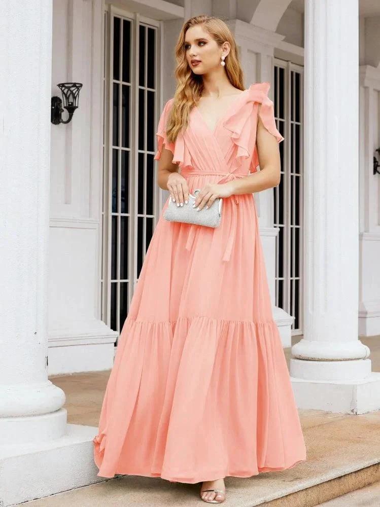 Numbersea Women's Open Back Formal Evening Party Prom Gowns V-Neck Long Chiffon Bridesmaid Dresses with Waist Belt 28038