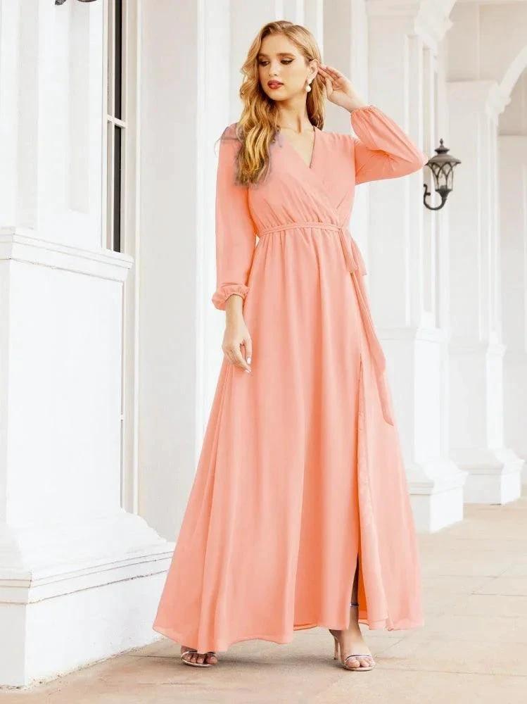 Sunnderly Women's Chiffon Bridesmaid Dress A line Long Sleeves Formal Evening Prom Gown for Wedding Guest SY28032