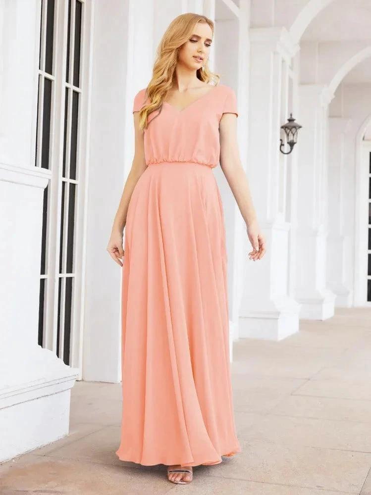 Numbersea V-Neck Bridesmaid Dresses Long Cap Sleeves Prom Evening Formal Gowns 28071