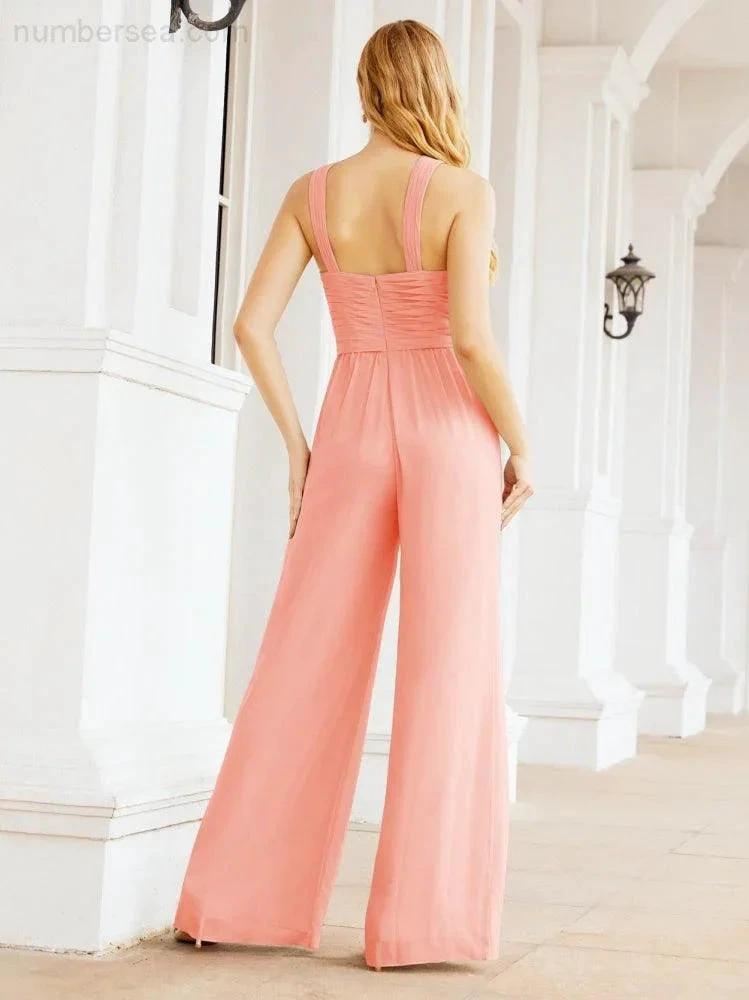 Numbersea Crisscross Neck Jumpsuit Formal Evening Dress Long Bridesmaid Dresses Bell-bottomed Pants 28033