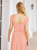Numbersea V-Neck Bridesmaid Dresses Long Cap Sleeves Prom Evening Formal Gowns 28071