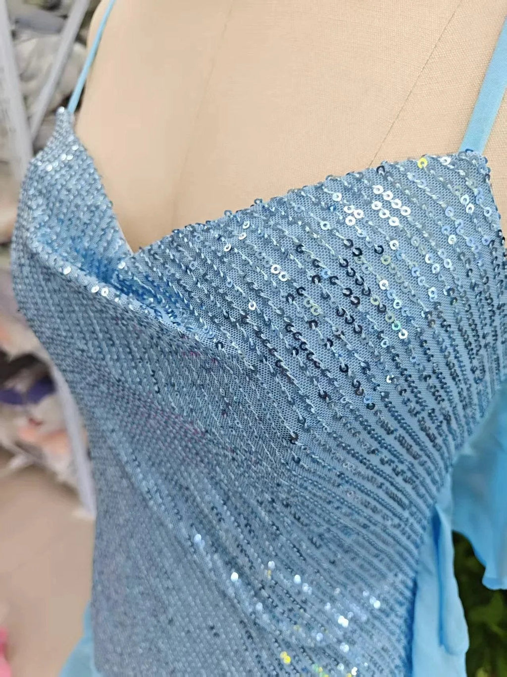 Beautiful Blue Straps Sequins Chiffon Ruffles Cocktail Dress Homecoming Dress Y8253