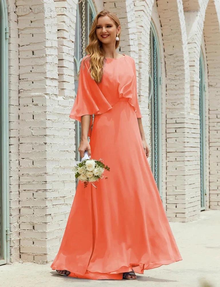 Sunnderly  Bridesmaid Dress Women Long Sleeve V-Neck Chiffon Formal Wedding Party Dress SY28018