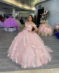 Off The Shoulder Pink Tulle Lace Ball Gown,Sweet 16 Dress  Y2267