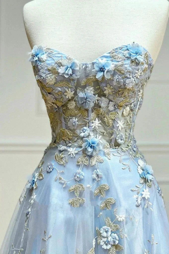 Blue Tulle Appliques Long Prom Dress A-Line Strapless Evening Dress Y6565