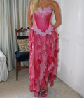 Vintage Hot Pink Lace Chiffon Ruffles Evening Dress Strapless Prom Dress Y8252