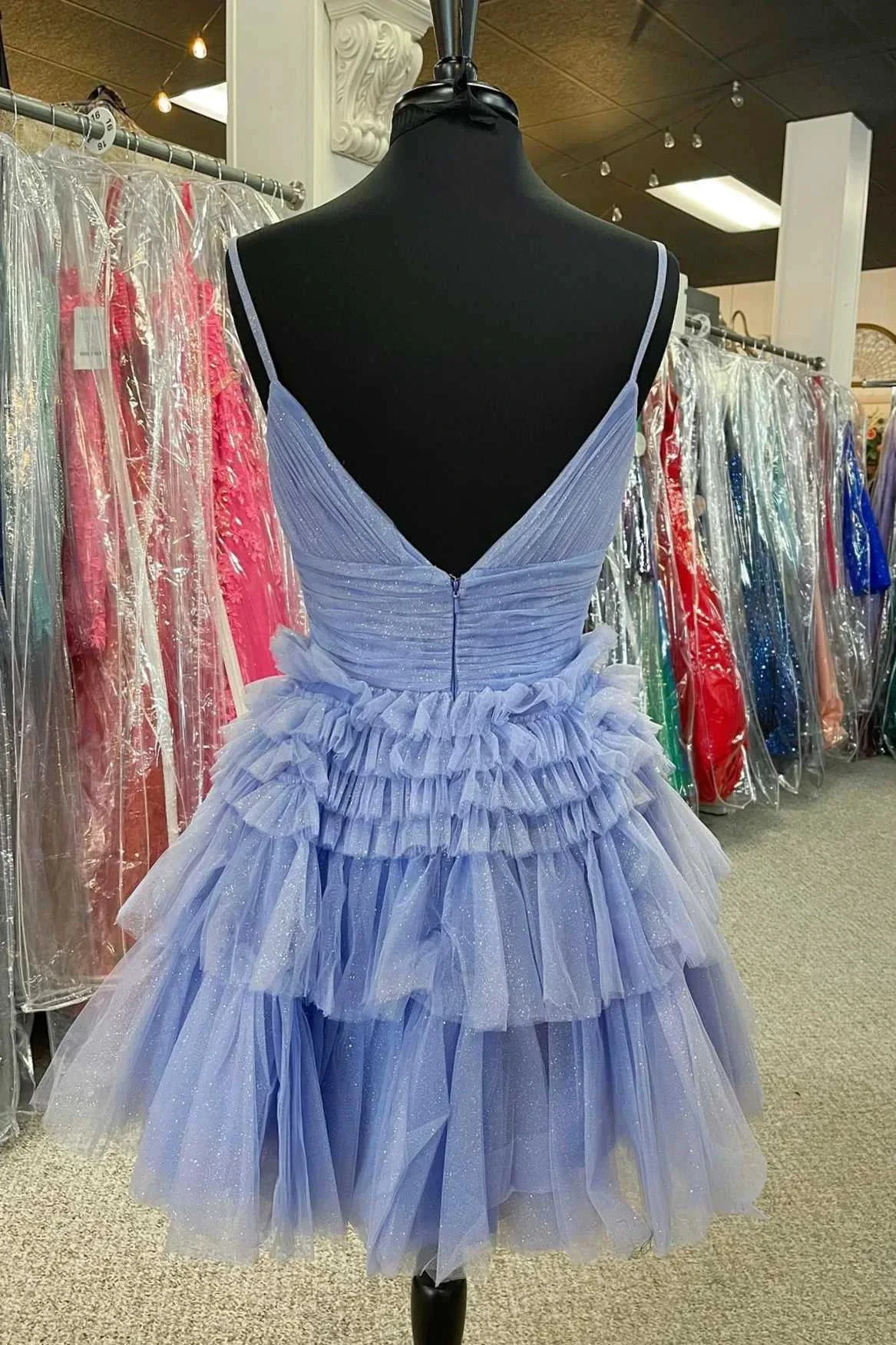Multi-Tiered V-Neck Backless A-Line Short Party Dress A-line Homecoming Dress Y2350