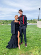 Strapless Mermaid Black Lace Long Prom Dresses with High Slit Mermaid Black Formal Graduation Evening Dresses Y4782