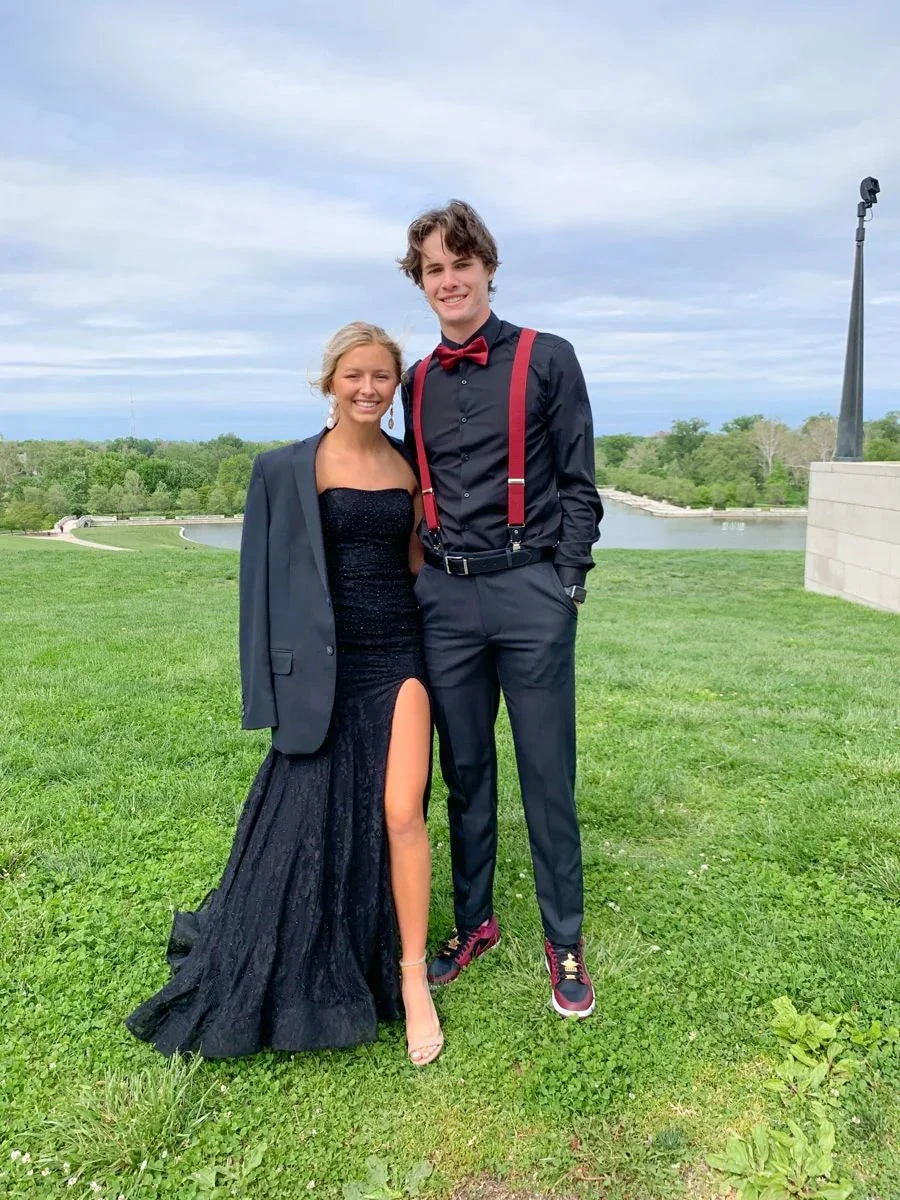 Strapless Mermaid Black Lace Long Prom Dresses with High Slit Mermaid Black Formal Graduation Evening Dresses Y4782