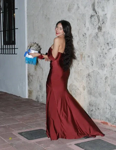 Elegant Burgundy Off The Slit Mermaid Evening Dress Formal Prom Dress Y8414