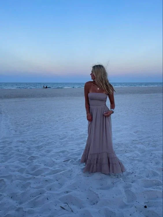 Charming Strapless A-line Beach Dress Long Evening Dress Y6928