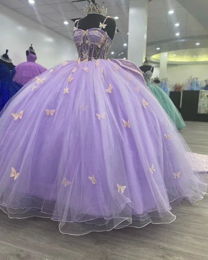 Purple Tulle Ball Gown With Butterflies,Sweet 16 Dress,Purple Princess Dress Y2270