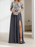 Dusty Blue Chiffon Gown With Lace Bodice