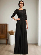 A-Line Scoop Illusion Floor-Length Lace Chiffon Mother Of the Bride Dress With Beading Ruffles