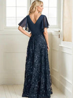 A-line V-Neck Floor-Length Lace Sequin Chiffon Mother of the Bride Dress With Pleated