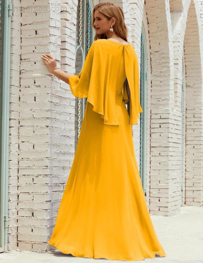Sunnderly  Bridesmaid Dress Women Long Sleeve V-Neck Chiffon Formal Wedding Party Dress SY28018