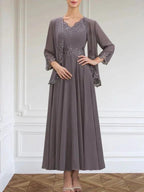 A-line V-Neck Ankle-Length Chiffon Mother of the Bride Dress With Sequins Appliques Lace Beading