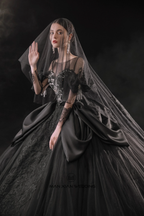 Dramatic Black Ball Gown Illusion Neckline Satin Puff Sleeve Beaded Lace Wedding Dress with Oversized Train E-305