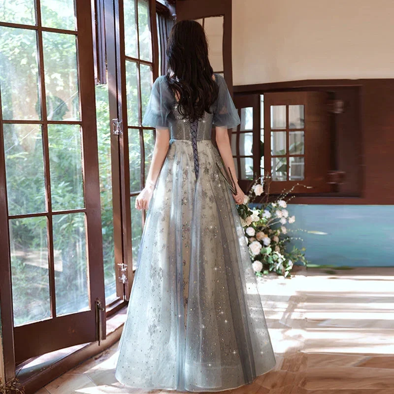 Elegant A-Line Grey Tulle Short Sleeves Long Party Dress, Grey Evening Dress Y1507