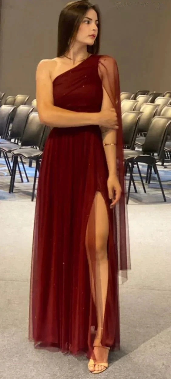 Pretty Burgundy One Shoulder Tulle Sequins Evening Gown Slit Prom Dress Y7826