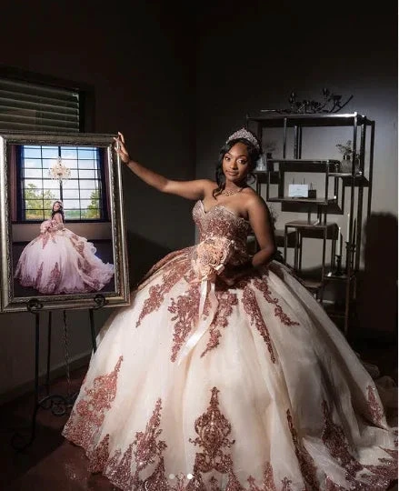 Rose Gold Sweetheart Puffy Princess Ball Gown Sweet 16 Dress Beaded Applique Quinceanera Dresses Y827