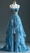 Pretty Blue Lace Tulle Tiered Evening Dress Long A Line Prom Dress Y8027