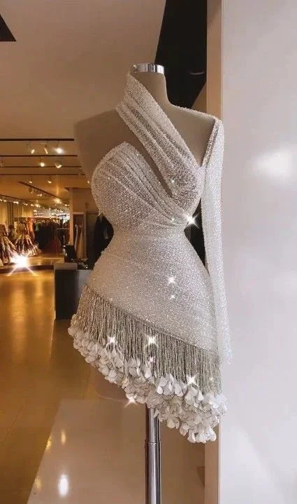 White Cocktail One Shoulder Fringed Cocktail Dresses Above Knee Mini Homecoming Dress Y874