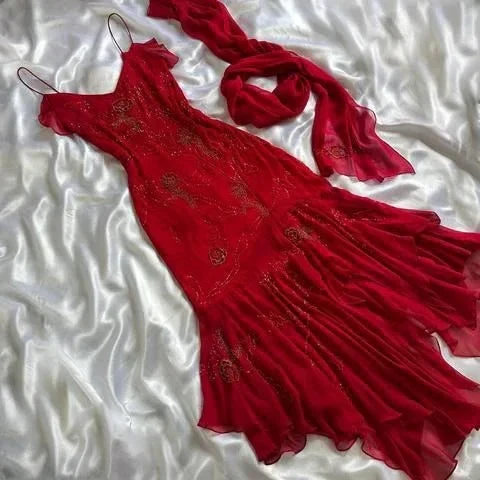 Beautiful Beaded Prom Dress Red Chiffon Mermaid Evening Dress Party Gown Y7527