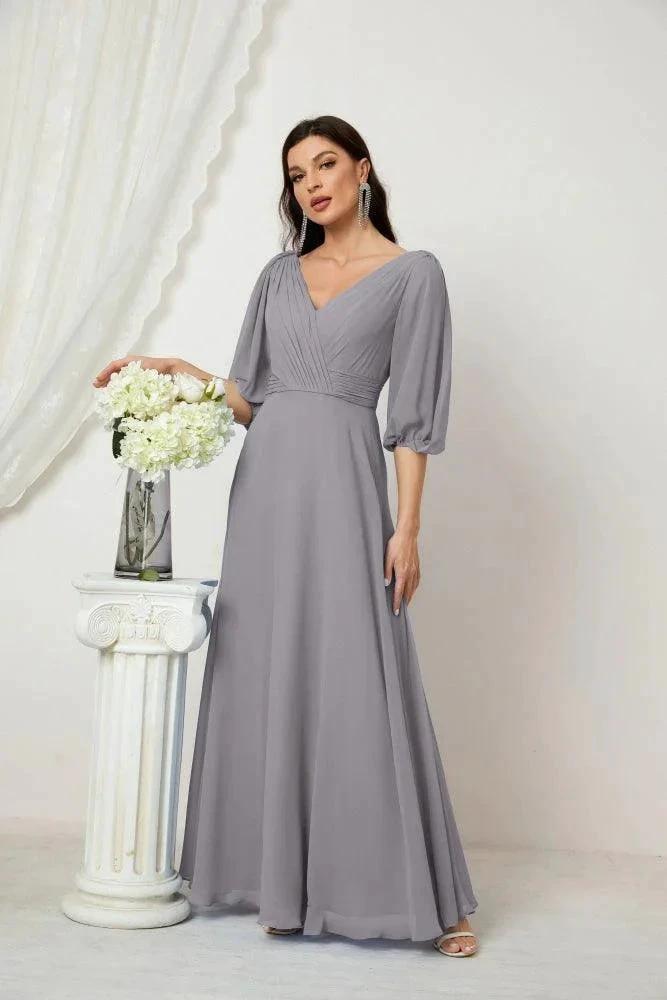 Numbersea  Formal Prom Gown Women V-Neck Chiffon Bridesmaid Dresses Long Bishop Sleeve Party Dress 2807
