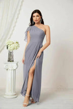 Numbersea  Chiffon Ruffled One Shoulder Long Bridesmaid Dresses A-line Formal Evening Gown Side Split 2809