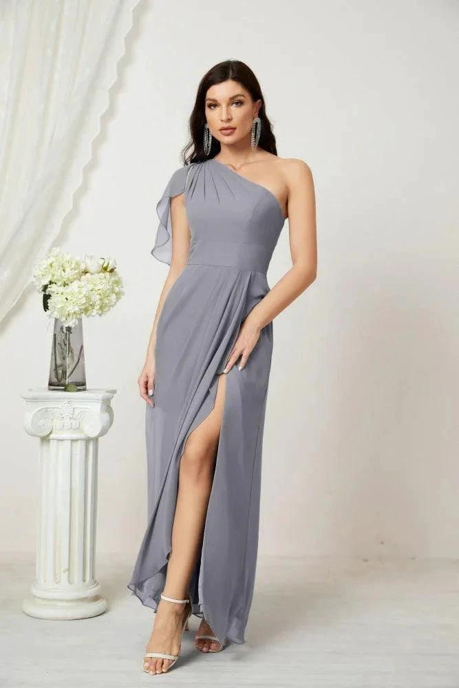 Numbersea  Chiffon Ruffled One Shoulder Long Bridesmaid Dresses A-line Formal Evening Gown Side Split 2809