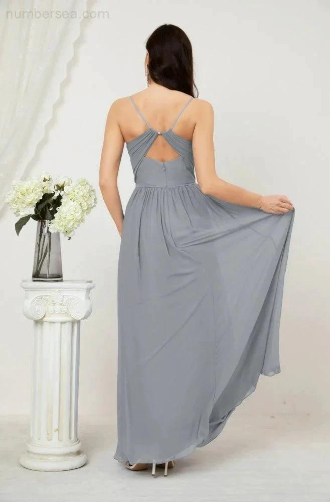 Numbersea  Neck Bridesmaid Dresses Chiffon Long Spaghetti A-line Formal Prom Gown for Wedding Party Evening 2801