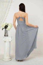 Numbersea  Neck Bridesmaid Dresses Chiffon Long Spaghetti A-line Formal Prom Gown for Wedding Party Evening 2801
