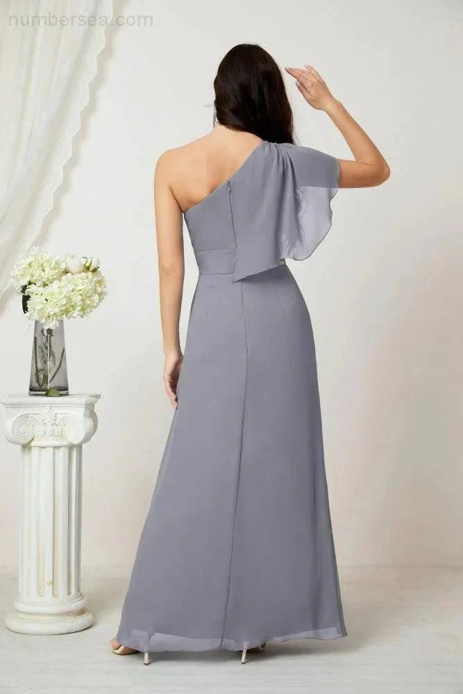 Numbersea  Chiffon Ruffled One Shoulder Long Bridesmaid Dresses A-line Formal Evening Gown Side Split 2809