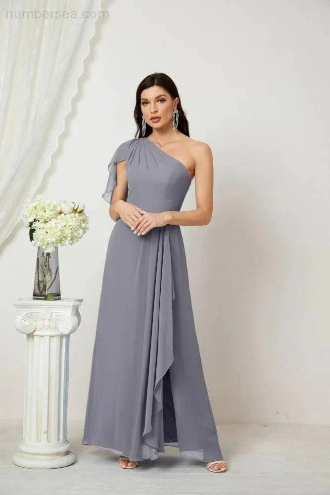 Numbersea  Chiffon Ruffled One Shoulder Long Bridesmaid Dresses A-line Formal Evening Gown Side Split 2809
