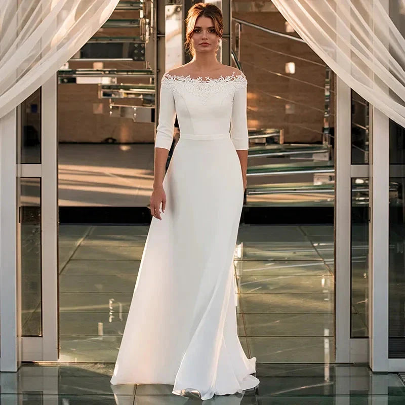 #005 3/4 Sleeve O-Neck Wedding Dress 2025 A-Line Lace Appliques Satin Civil Bridal Gown For WOmen Robe De Mariee Simle Civil Cheap